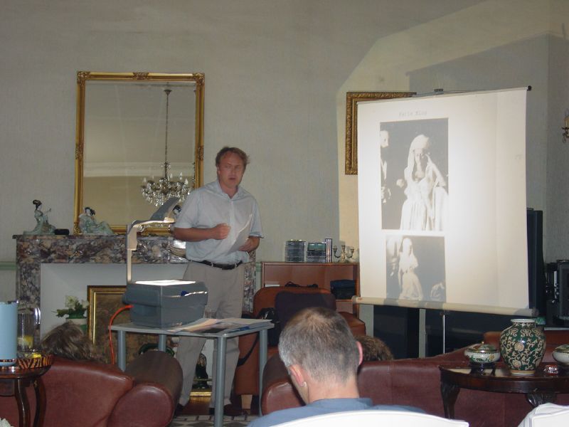 Jeremy Stubbs, historian, lectures on psychic phenomena, showing images of Florence Cook materializations.